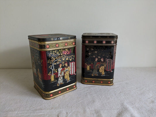 2x Original Vintage Japanese Black TEA Two Pound Tin Metal Made In England Large