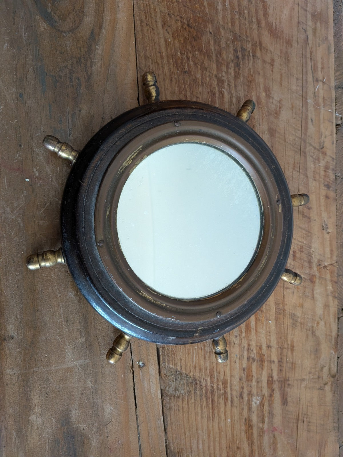 Antique Porthole Maritime Mirror Solid Oak Small Ships Wheel Nautical 1920s Vtg!