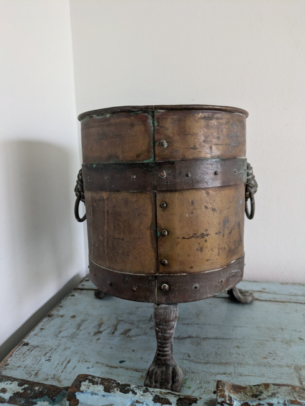 19th C Antique Copper Brass Lion Log Coal Bucket Planter Ice Cylinder 3 Leg Rare