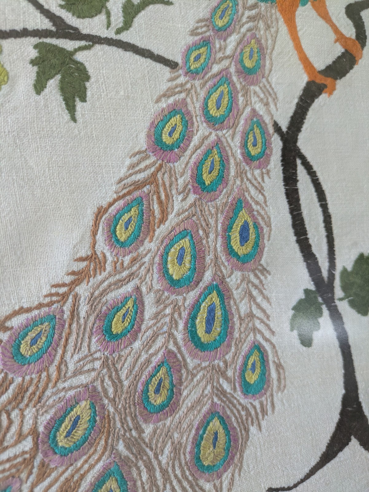 MID CENTURY FRAMED EMBROIDERY PEACOCK ON TREE BRANCH FLOWER LARGE VINTAGE RETRO