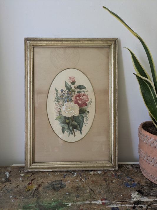 Original Antique Watercolour Painting Oval Floral Rose Bouquet Flower Still Life