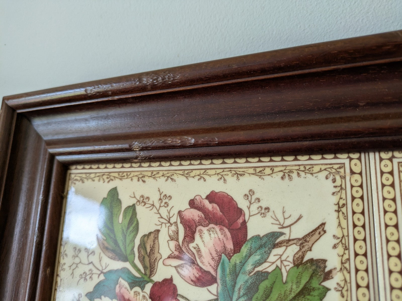 Vintage Tray Ceramic Rose Floral Tiles Wooden Frame & Brass Handles Serving Old