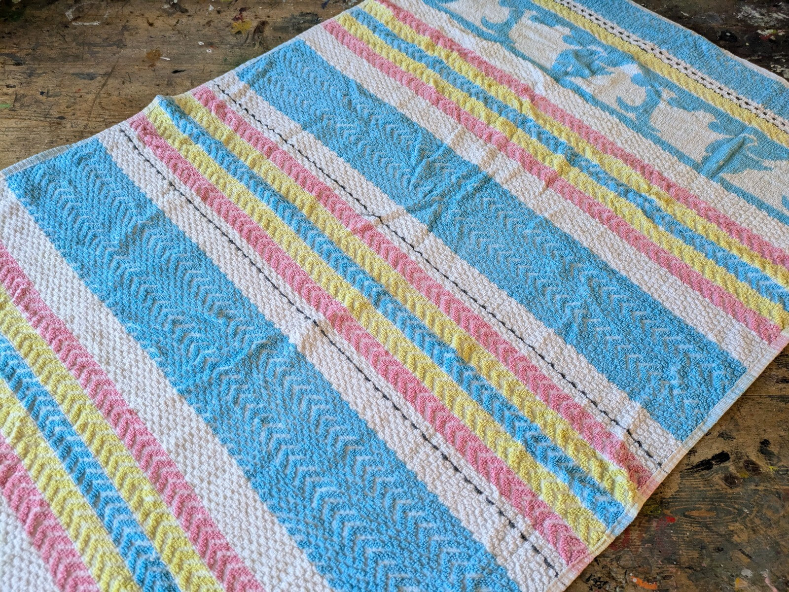 1 Vintage Towel Rainbow Stripe Retro Bath bathroom prop Midcentury Cotton Prop