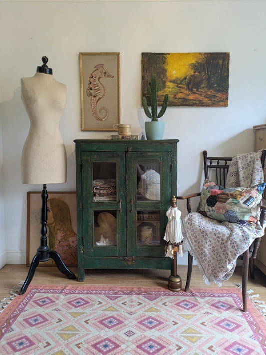 Restored Antique Vintage Indian Cabinet Cupboard Painted Glazed Reclaimed Green