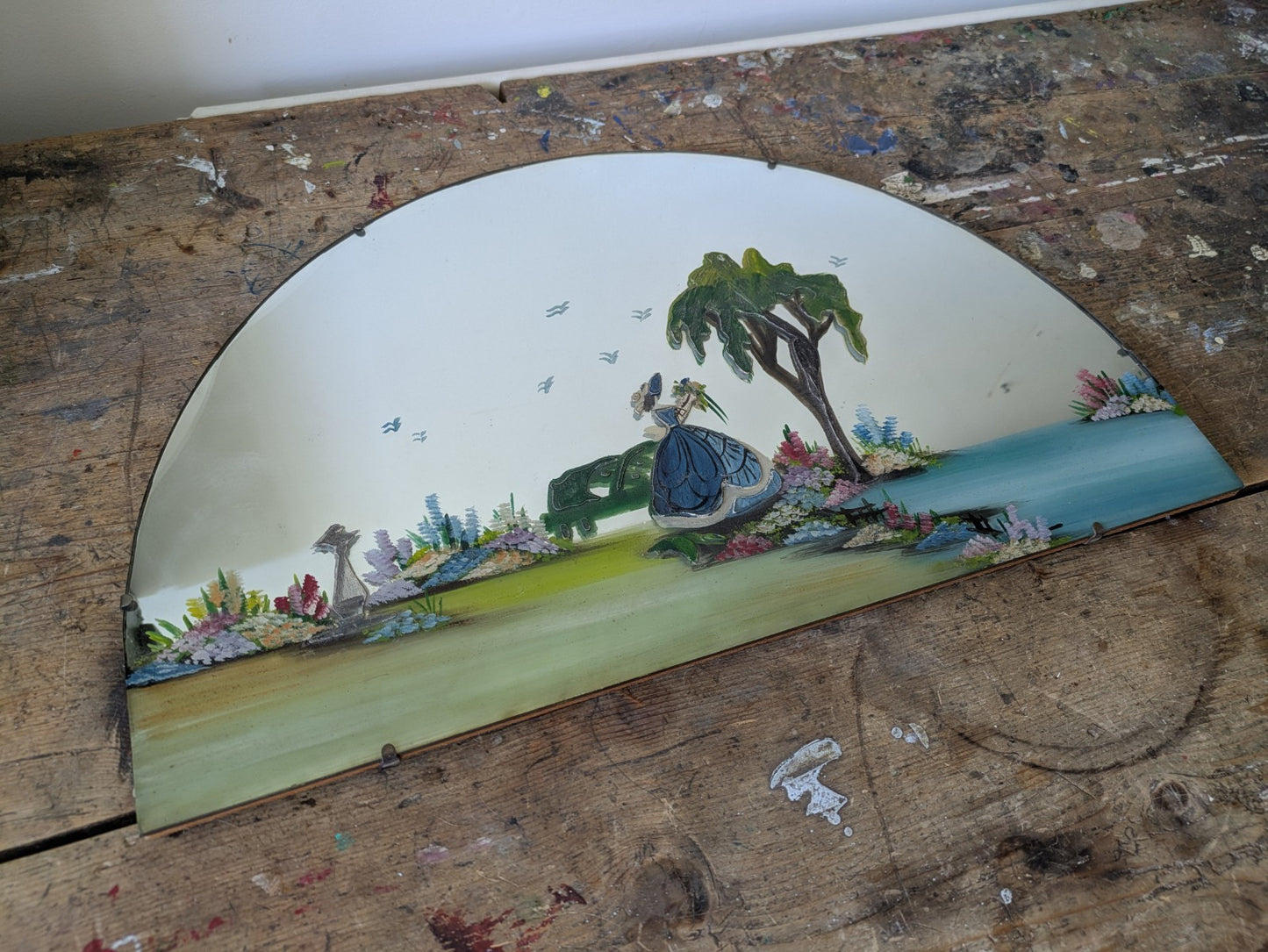 Vintage Art Deco Hand Painted Bevelled Wall Mirror Crinoline Lady Spring Garden