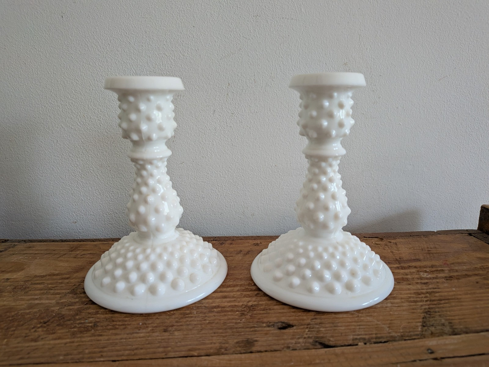 Vintage Fenton White Hobnail Milk Glass Pair Candlestick Holders 14.5cm H Vgc 