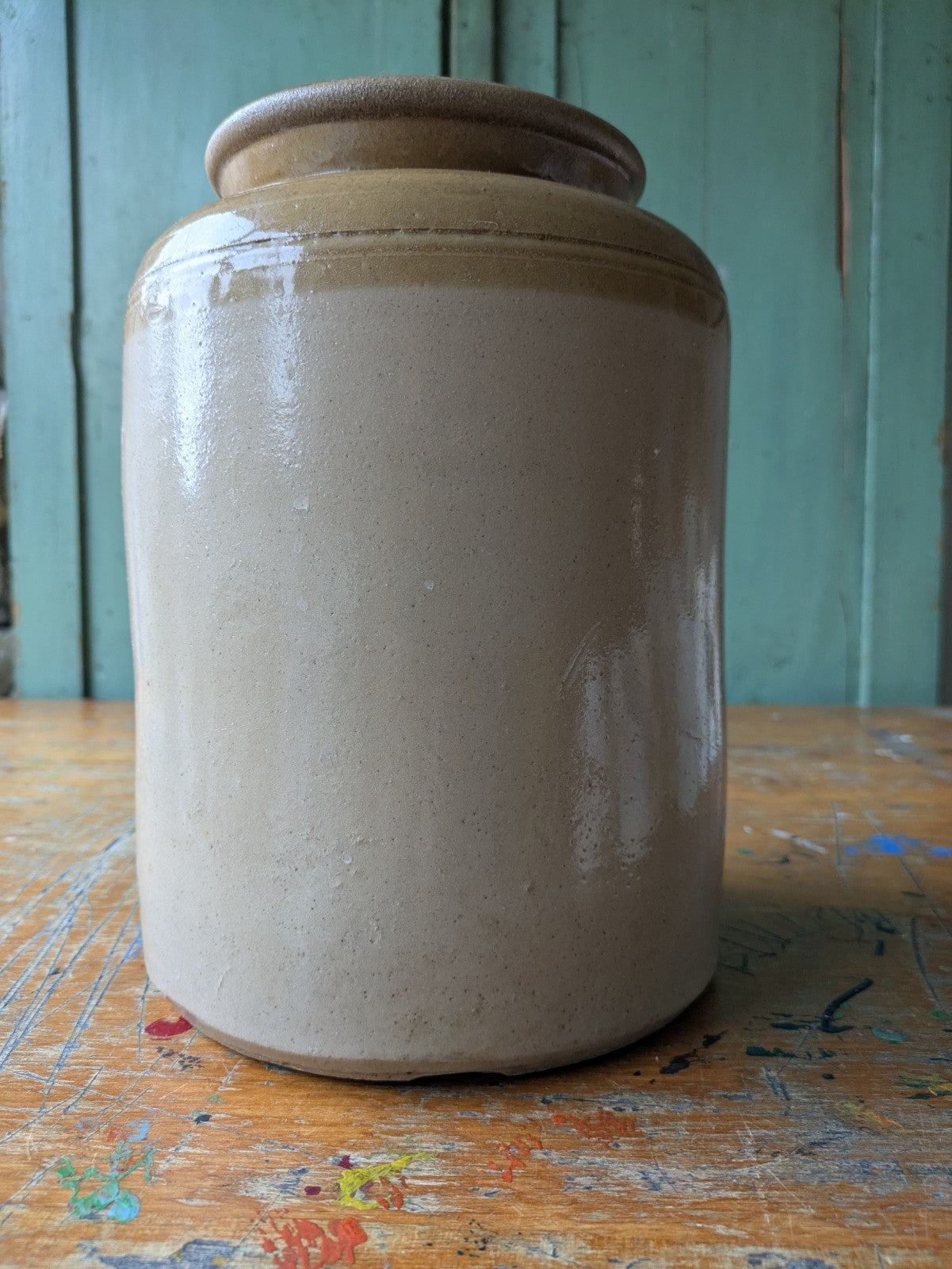 XL Antique Large Stoneware Country Farm House Salt Glazed Pot Utensil Vintage 
