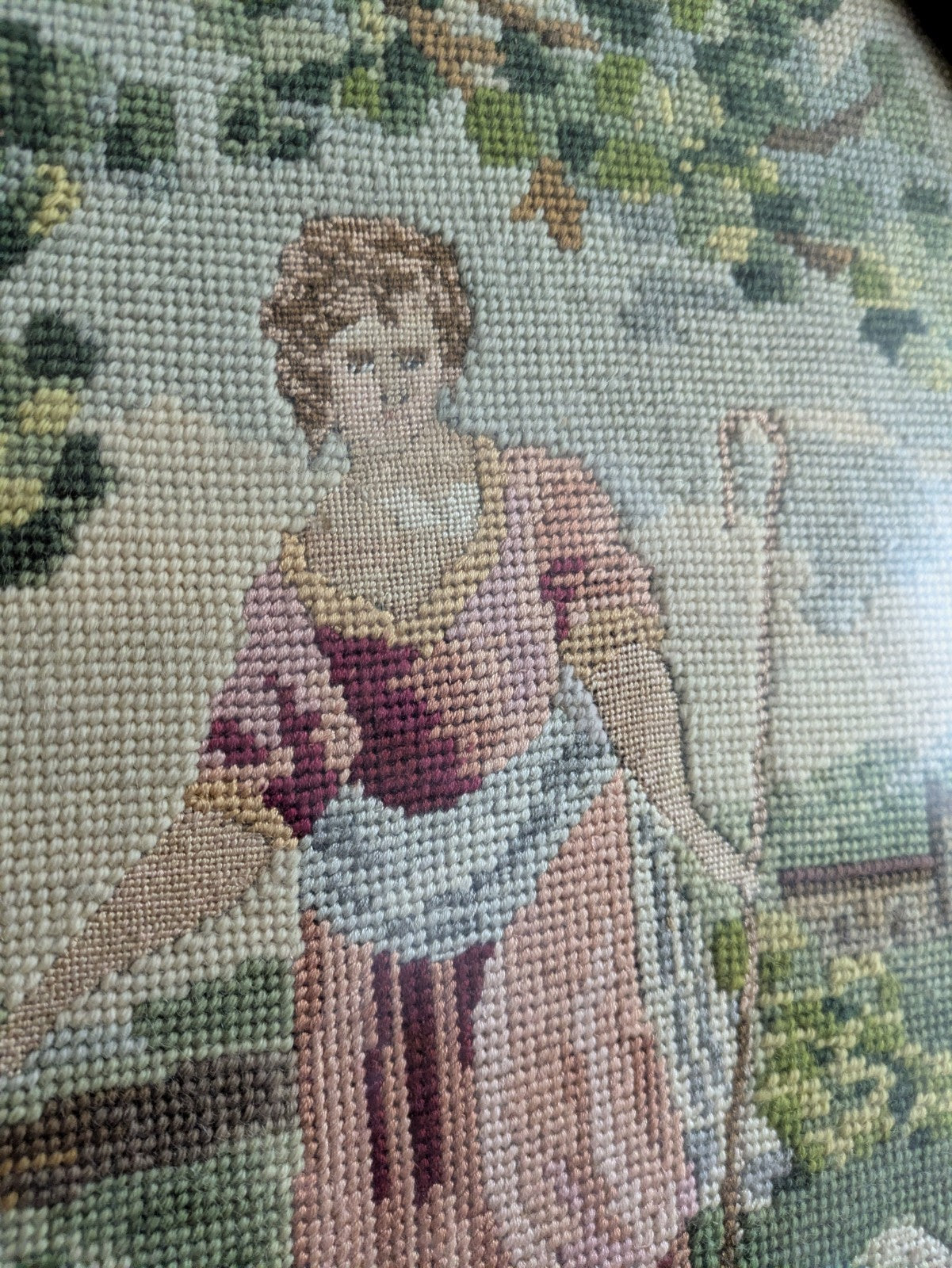 Antique Oval Vintage Framed Handmade Wool Needlepoint Tapestry Shepherdess Sheep