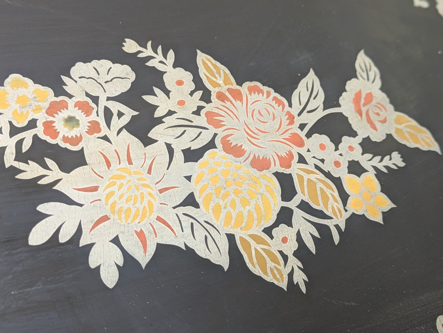 Vintage Chinese Lacquered Serving Tray c. 1950 Painted Floral Black Stencil Atq