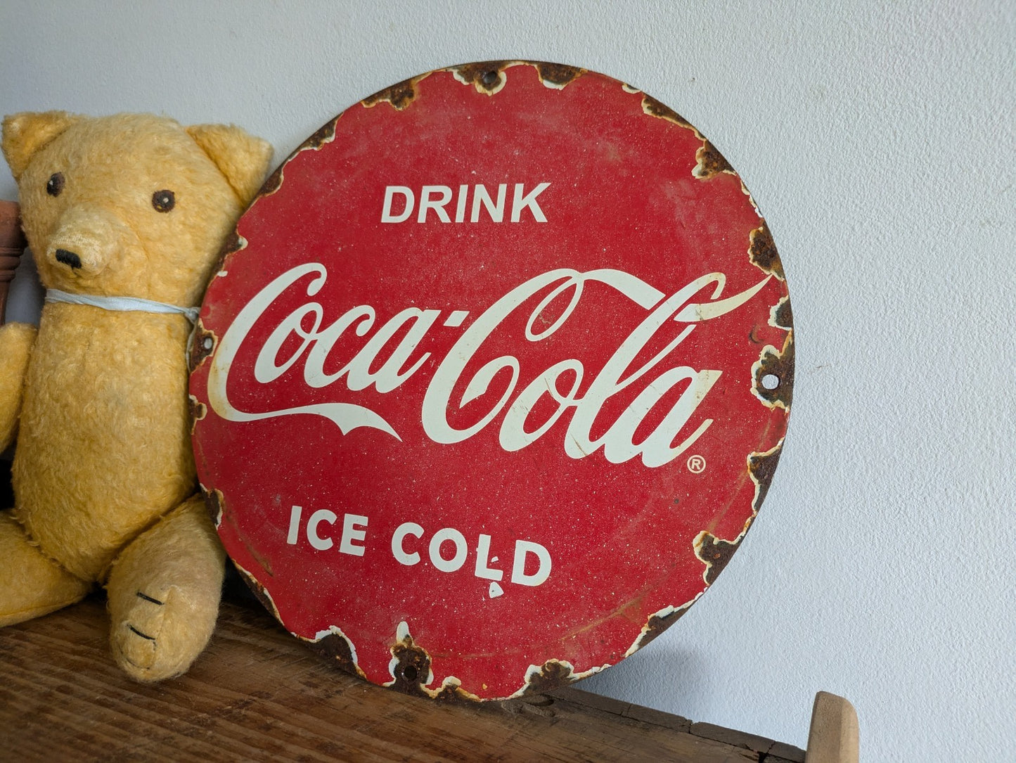 Vintage PORCELIAN COCA-COLA ENAMEL SIGN Round Advertising Metal Coke Red Wall 