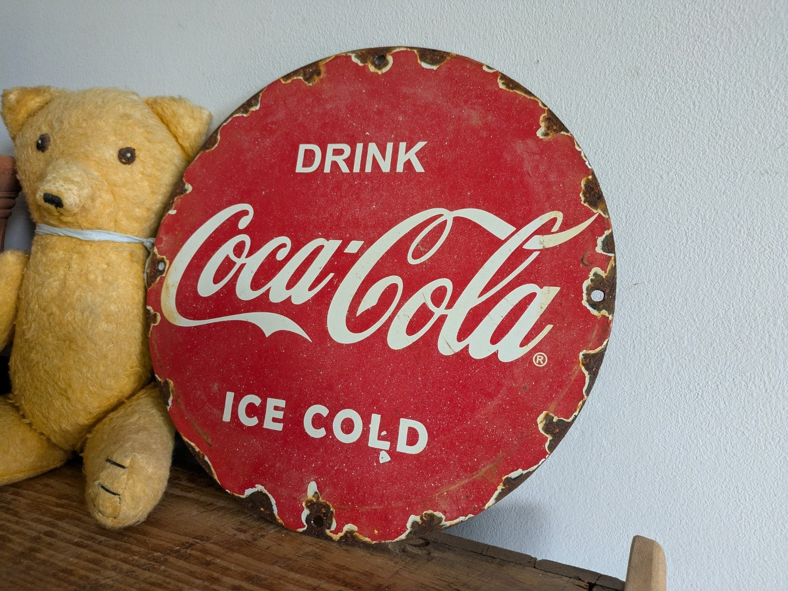 Vintage PORCELIAN COCA-COLA ENAMEL SIGN Round Advertising Metal Coke Red Wall 