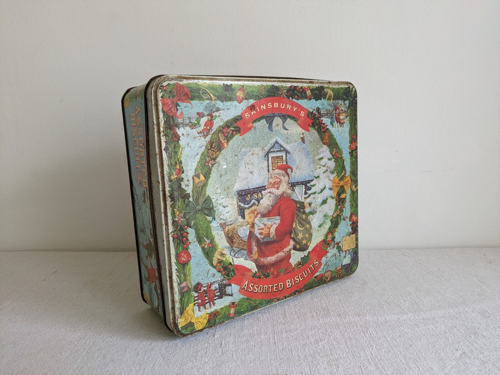 Vintage Sainsbury's Christmas tin Santa Claus Old Original Biscuits Xmas Rare Sq