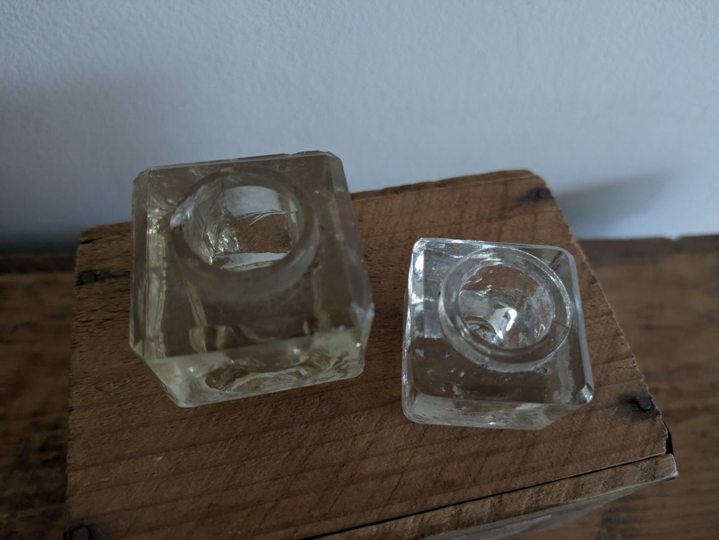 2x Antique Glass Ink Well Desk Study Display C.1900 Prop Edwardian Cube Pair Old