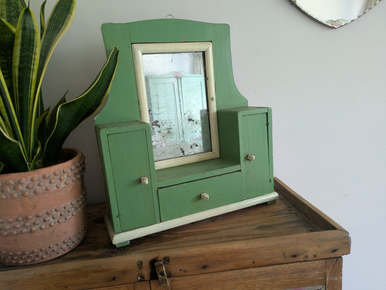 Antique Romanian Art Deco Wood Table Vanity Mirror Drawers Green Cupboard Wall