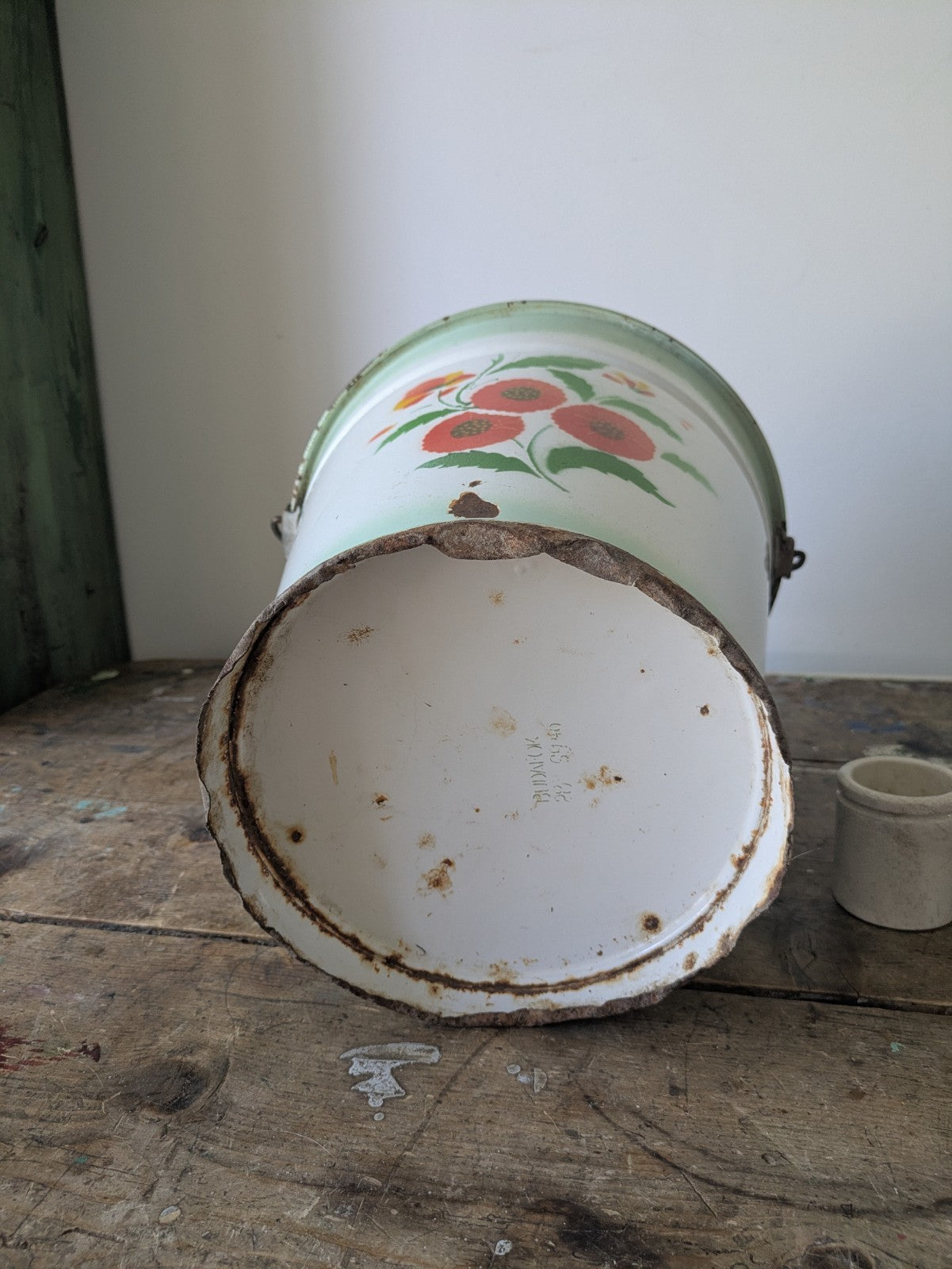 Antique White Enamel Floral Hungarian Bucket Prop Vintage Pail Garden Laundry Vg