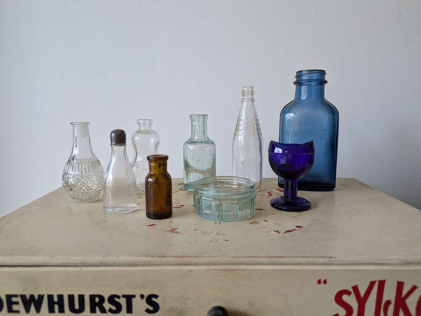 9x Antique Vintage Glass Bottles vase flower Cobalt apothecary amber Medicine