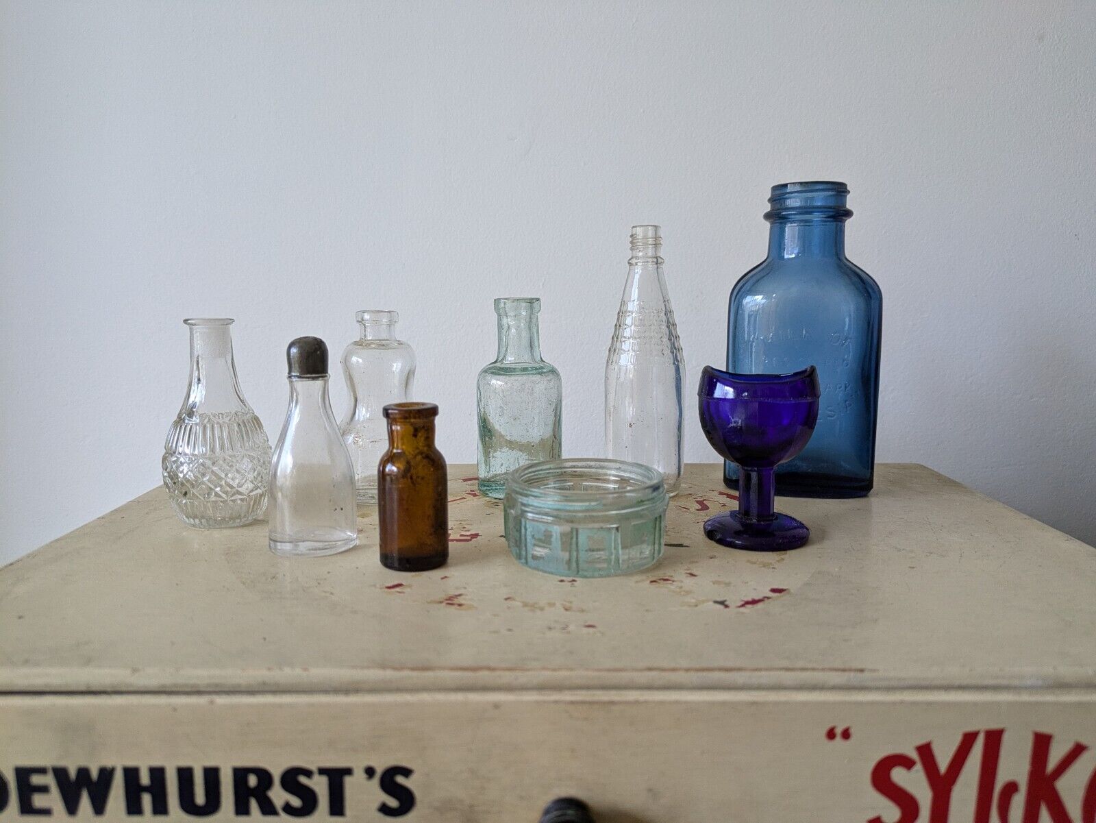9x Antique Vintage Glass Bottles vase flower Cobalt apothecary amber Medicine