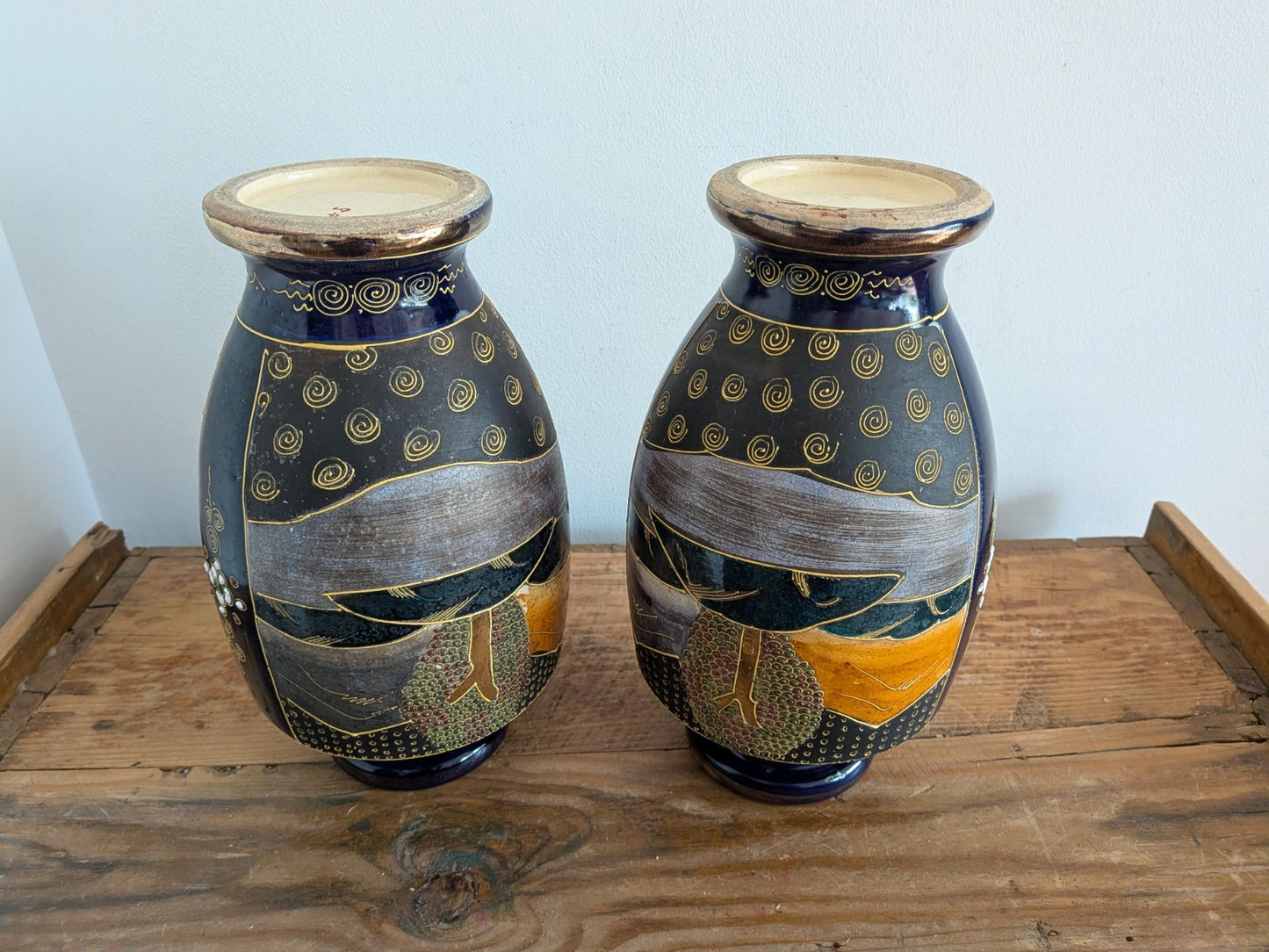 Pair Antique Early 1900s Satsuma Moriage Oriental Vase / Made in Japan Blue Vgc