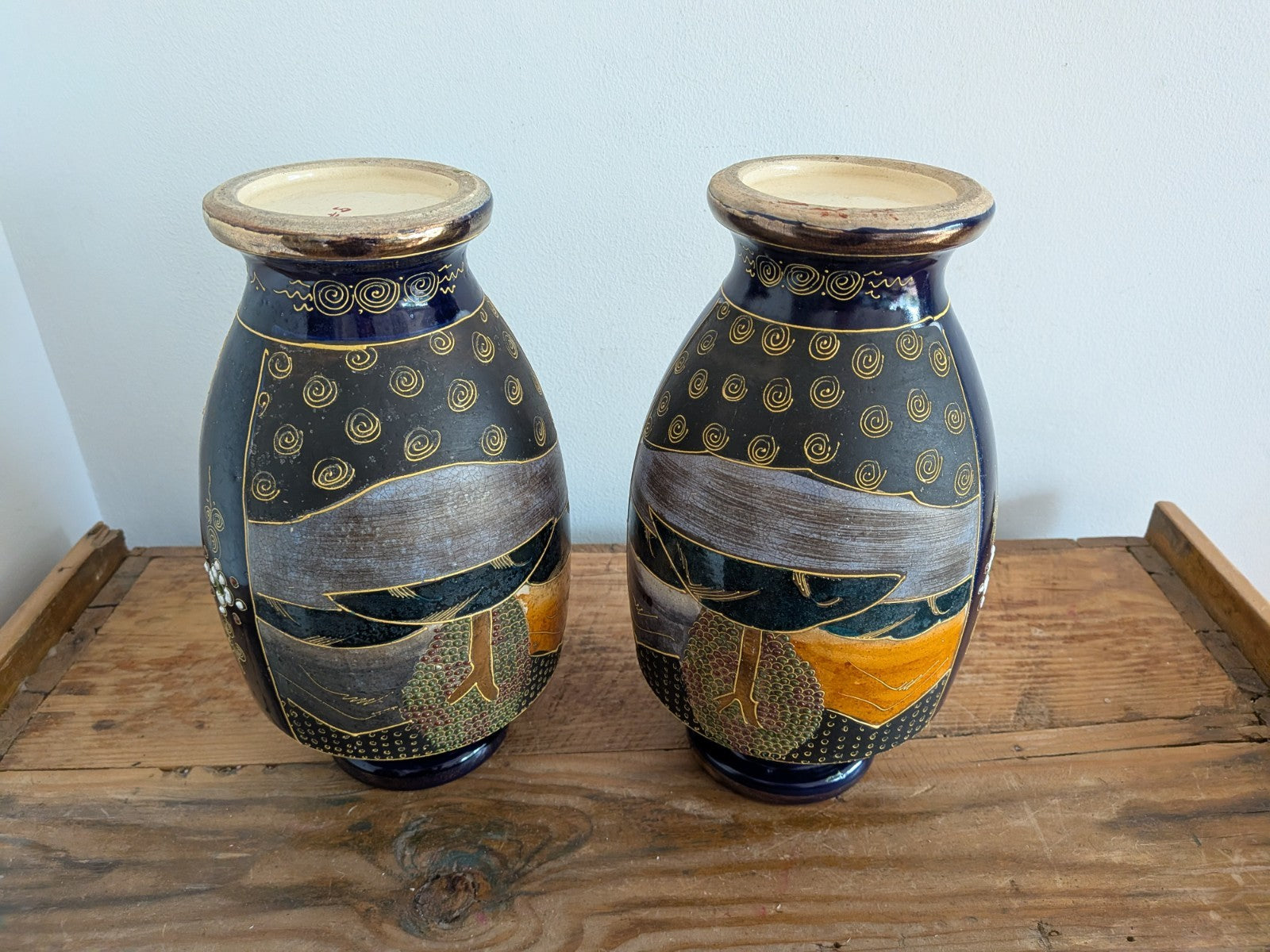 Pair Antique Early 1900s Satsuma Moriage Oriental Vase / Made in Japan Blue Vgc