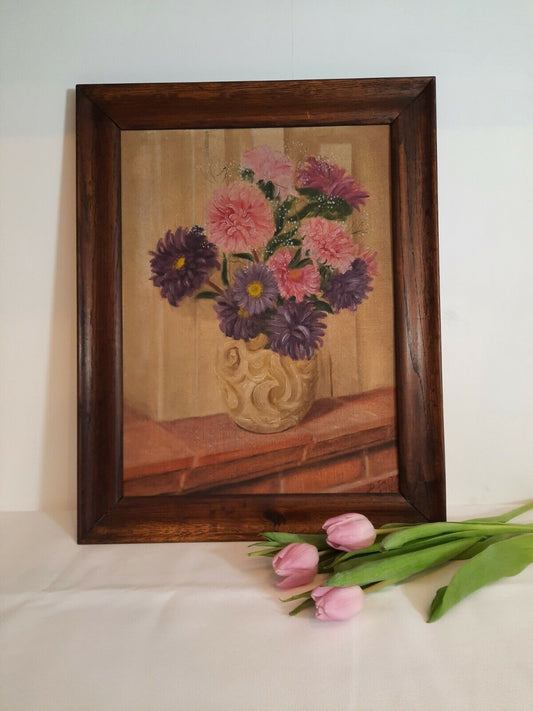 Original Old Vintage Mid Century 1950's Still Life Floral Oil Painting-Signed 
