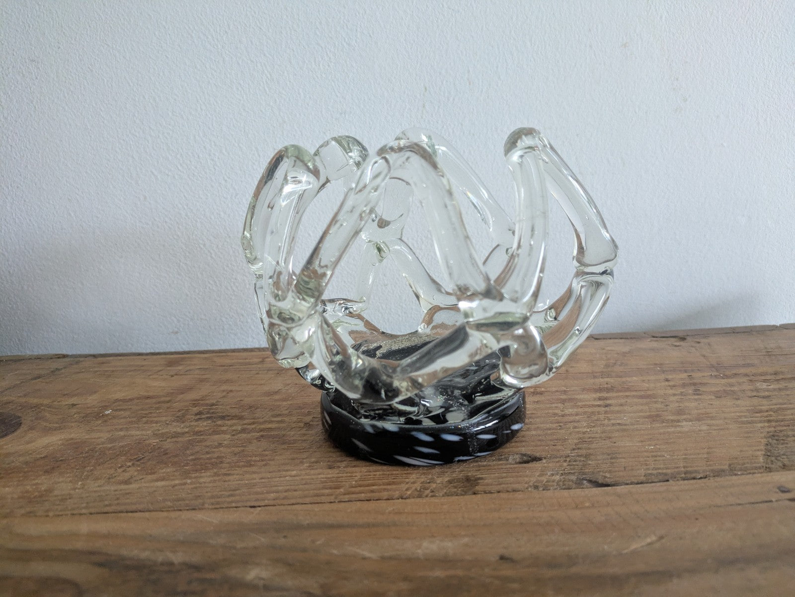 Vintage Murano Style Lattice Webbed Vase Glass Black Clear Centrepiece Bowl Vgc