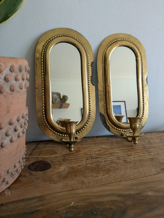 Pair Vintage MidC Scandinavian Repoussé Brass Candle Mirrored Wall Sconce Holder