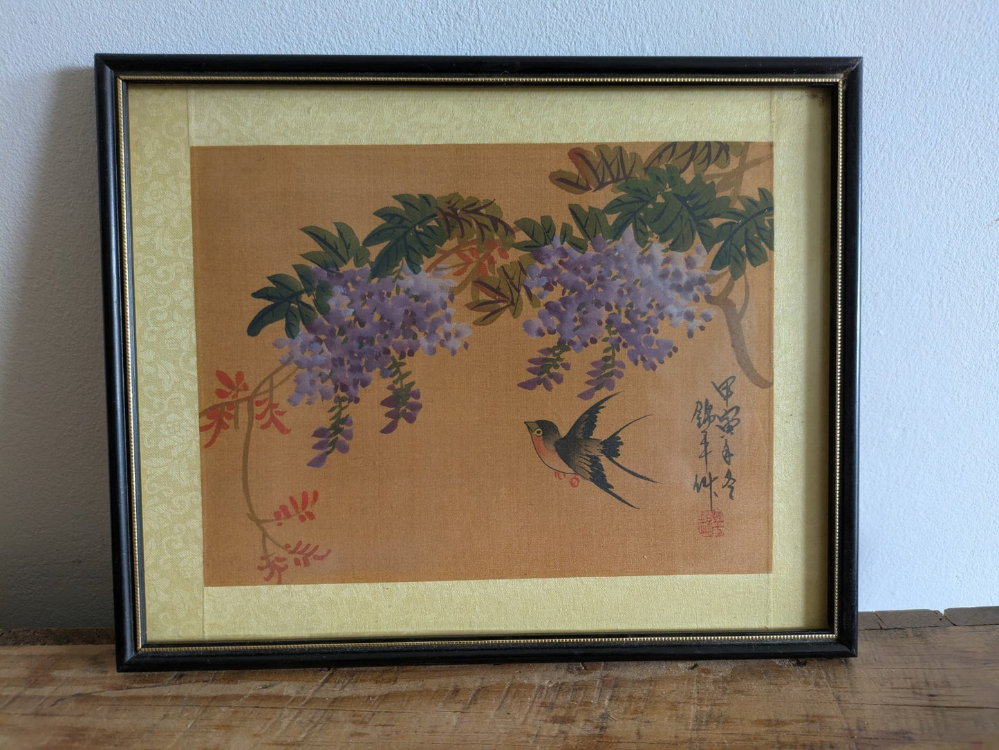 Antique Swallows & Wisteria Ohara Koson JAPANESE SIGNED PAINTING ON SILK FRAMED