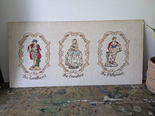 Vintage Antique Hand Embroidered Pictures of Crinoline Lady, Goatherd, Milkmaid