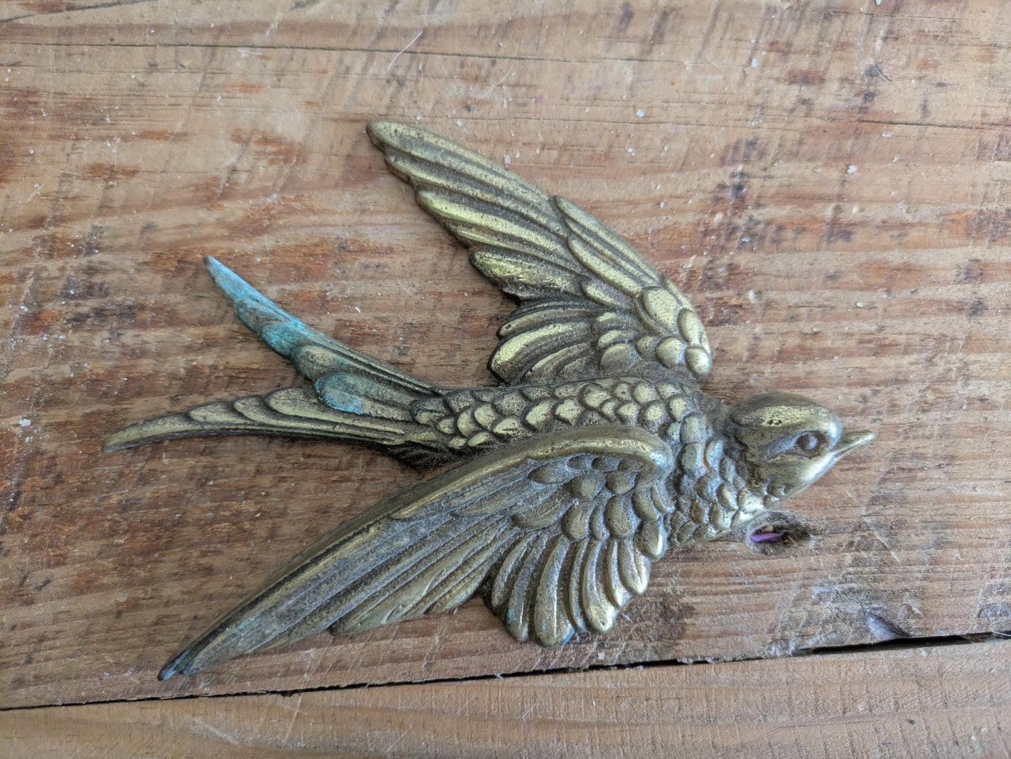 Vintage Brass Flying Swallow Bird Wall Plaque Swift Single Flight Large Prop Old