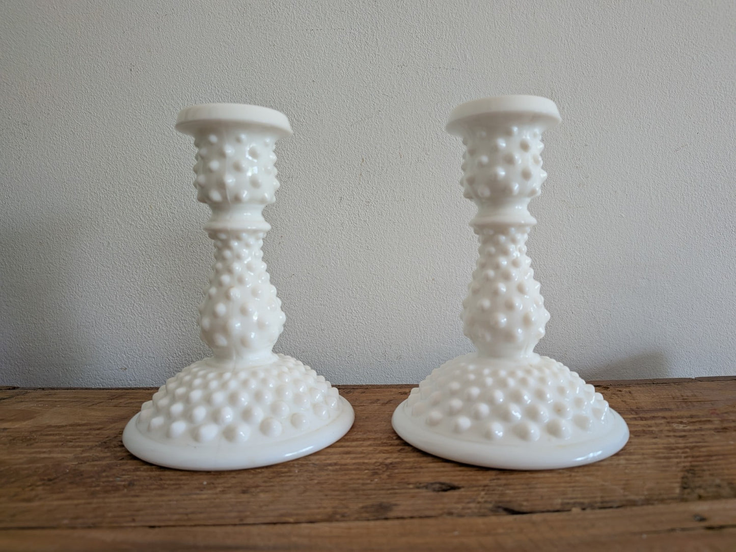 Vintage Fenton White Hobnail Milk Glass Pair Candlestick Holders 14.5cm H Vgc 
