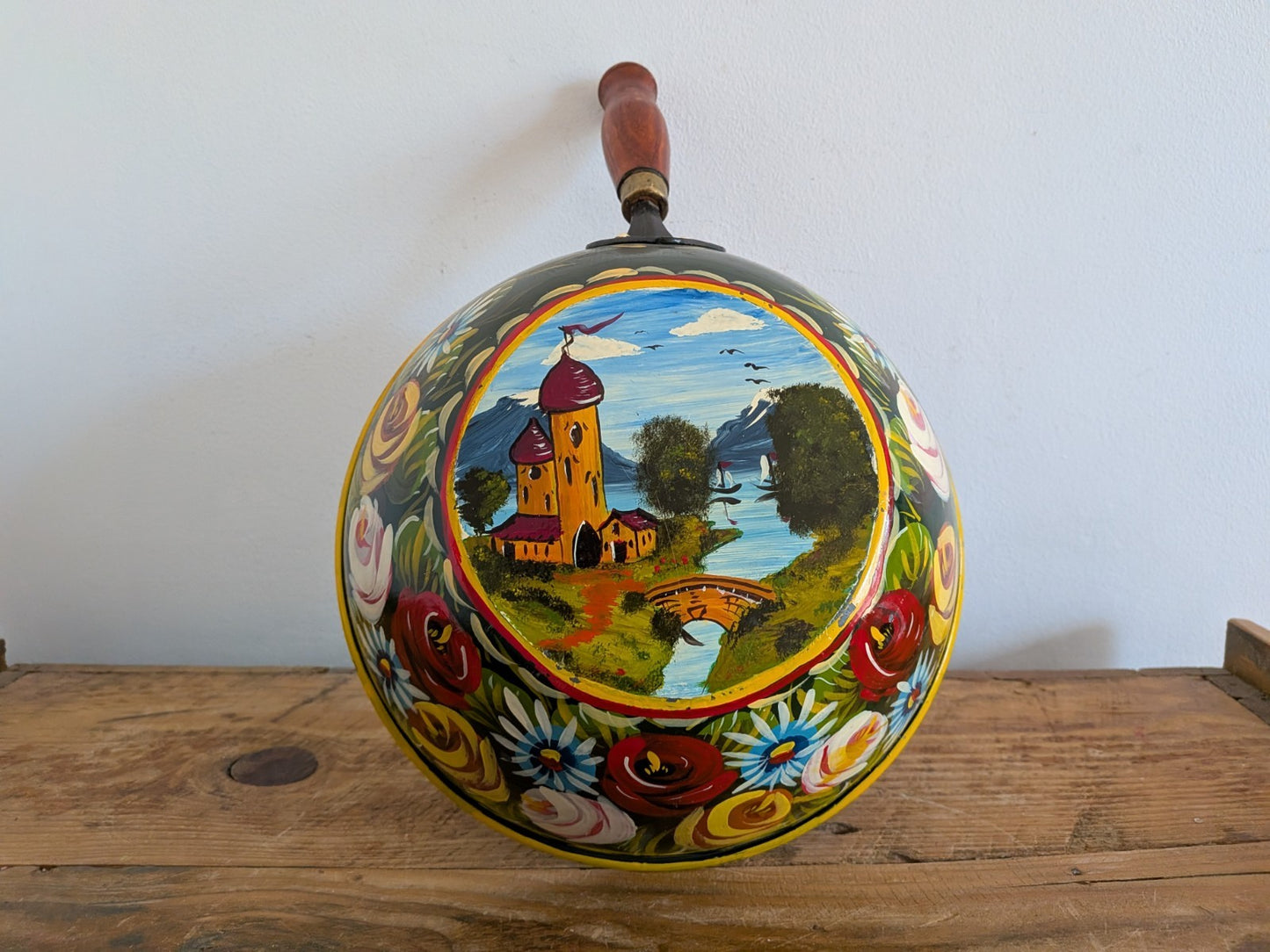 Vintage Floral Handpainted Bargeware Frying Pan Canal Boat Accessory Folk Art 