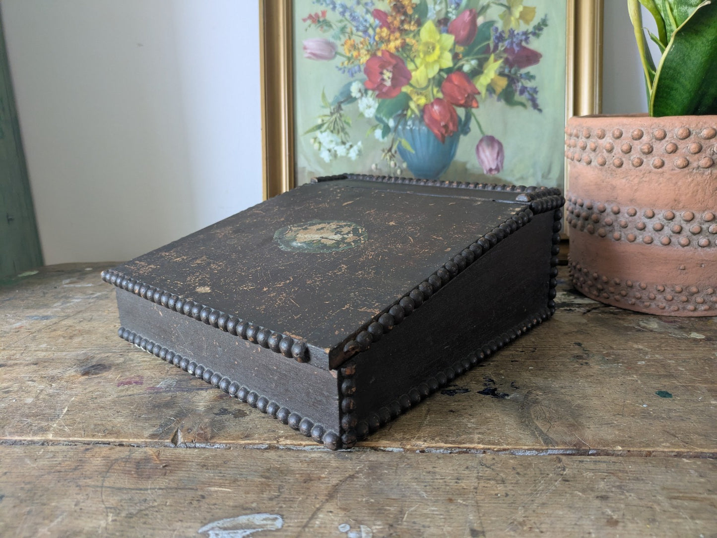 Antique Vintage Students Table Top Writing Slope Bobbin Small Box Stationary Old