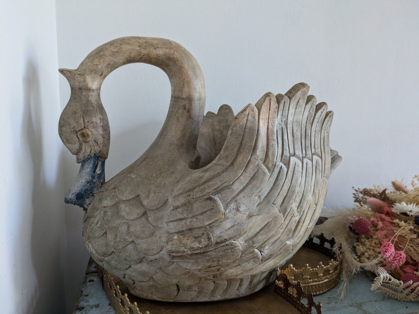 Carved Wood Swan Decoy Vintage Large Painted Solid Wood Planter Decor Time Worn