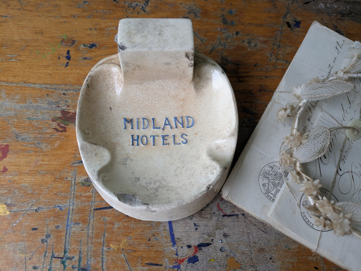 Antique Midland Hotels Ironstone Match Striker Ashtray Crazed Advertising Rare 