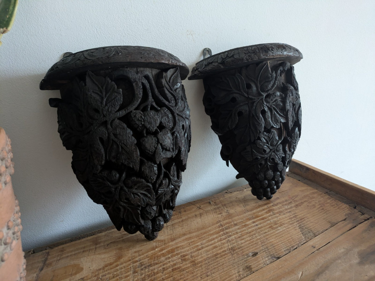 Antique Pair Carved Wall Hanging Shelf Sconce Decor C1880 Demi Lune Rare Vtg 