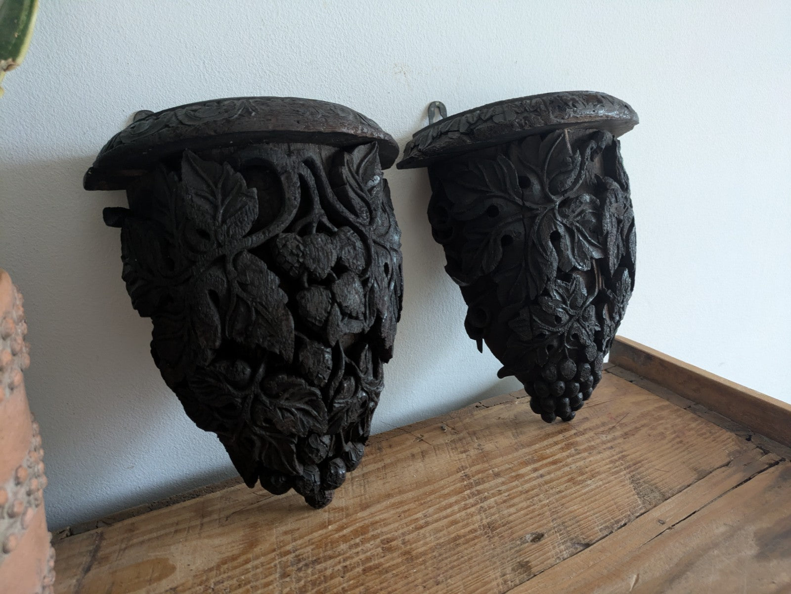 Antique Pair Carved Wall Hanging Shelf Sconce Decor C1880 Demi Lune Rare Vtg 