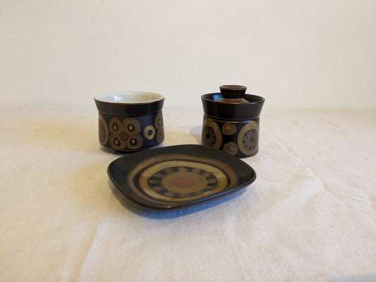 3 PIECE DENBY ARABESQUE 70s TEA BAG DISH SUGAR BOWL JAM 60S SMARKAND POTTERY VGC
