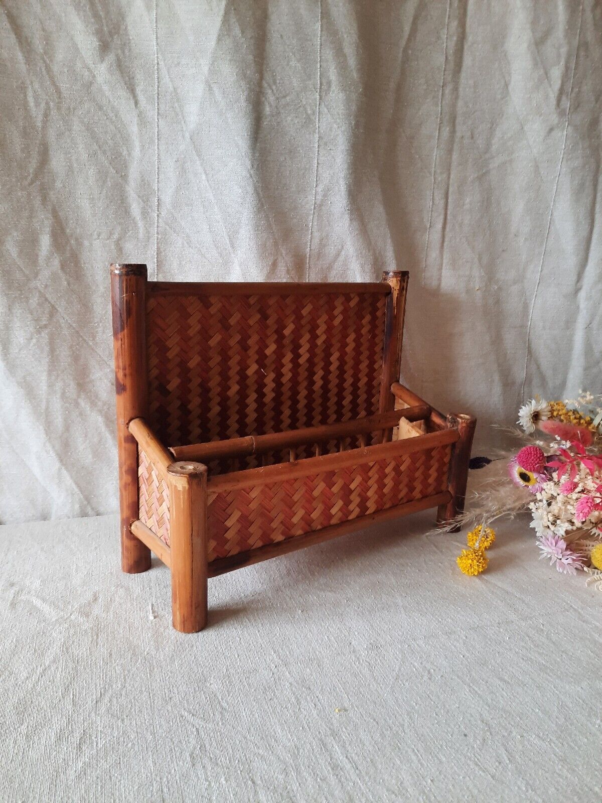 VINTAGE TIKI BAMBOO LETTER RACK SHELF DESK TIDY BOHO CANE RED  RETRO MIDCENTURY