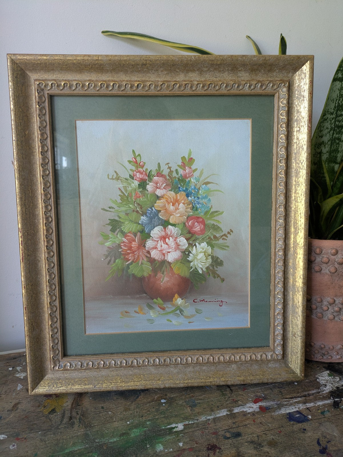 Original Oil Painting on Board C. Manning Bouquet Floral Roses Vase Flowers Vgc