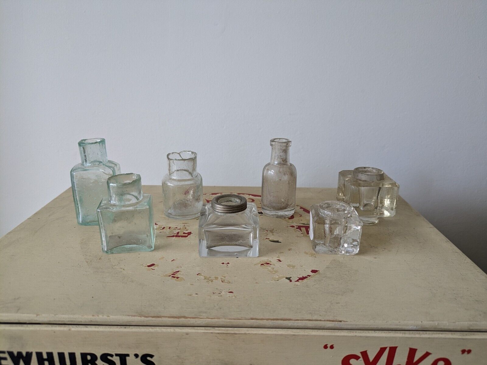 7x Antique Vintage Glass Bottles vase flower original apothecary ink old Bell