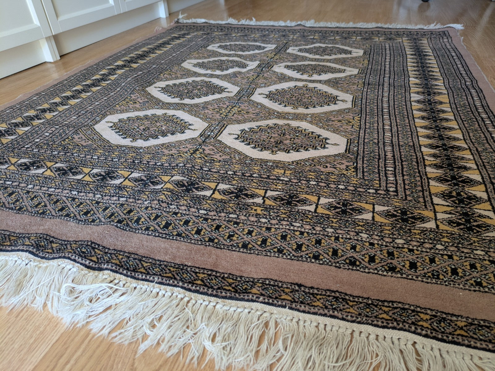 Cream Bokhara Hand Knotted Oriental Wool Afghan Turkmen Area Rug Gul Motif  Vgc