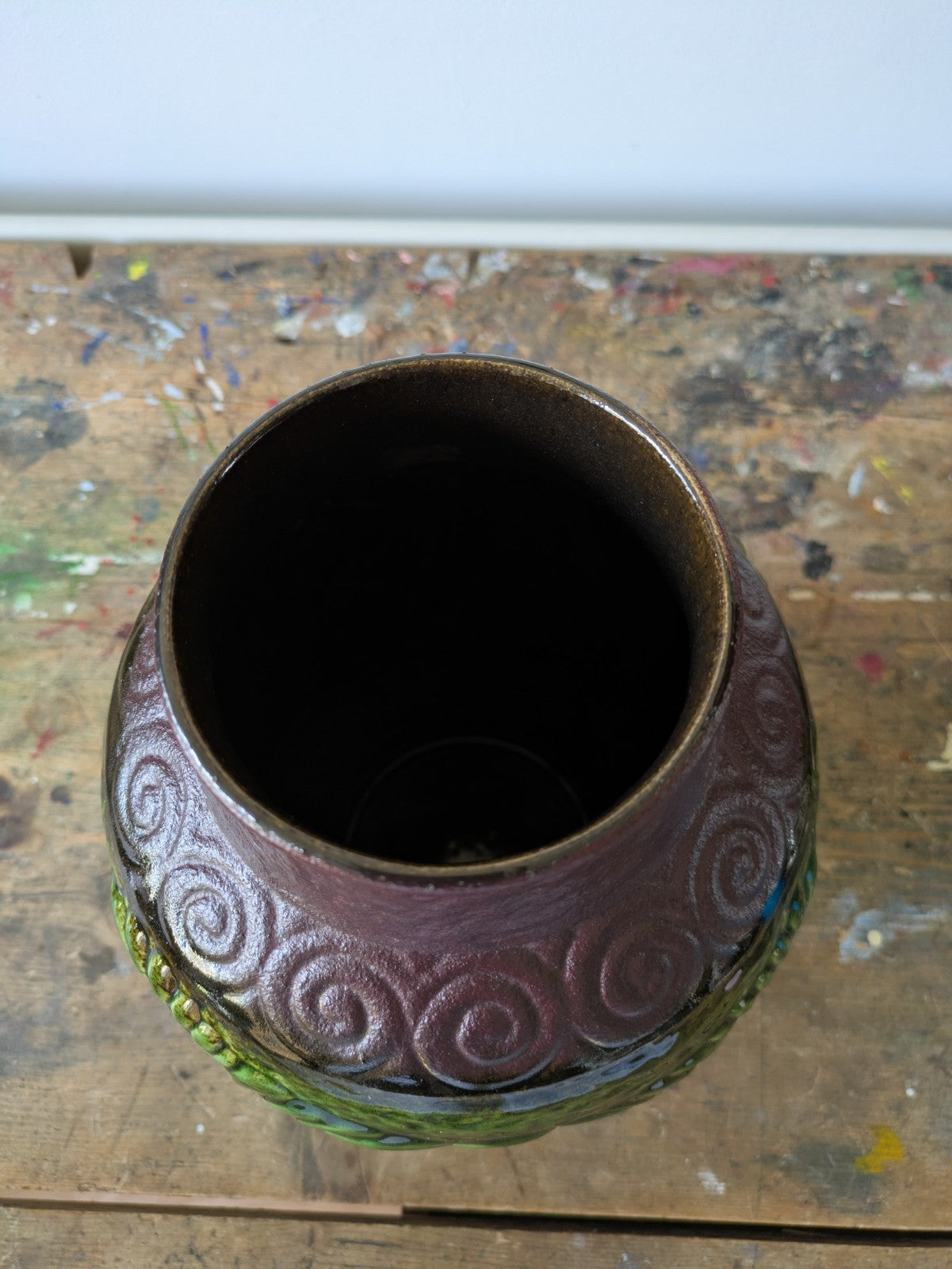 VTG West German Pottery Vase Bay 670-25 Green Glaze Brown Tones Floral VGC Large