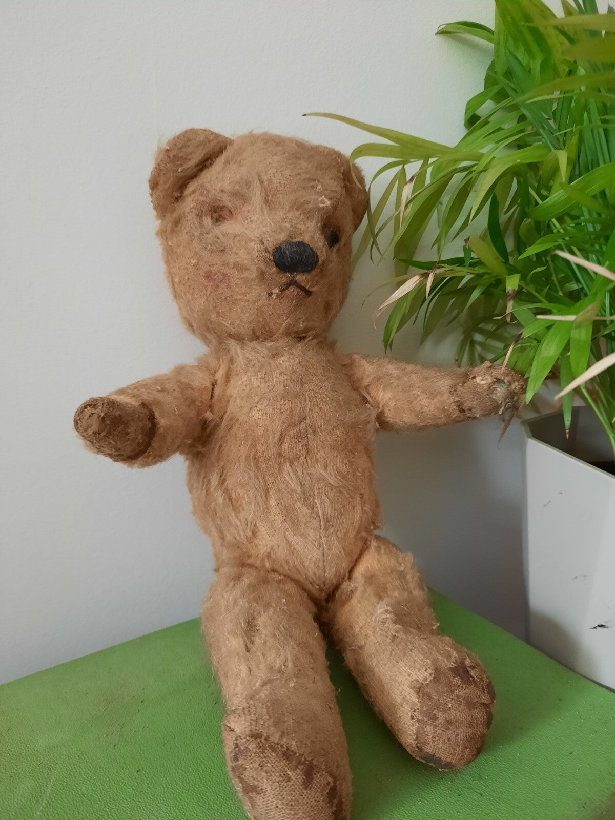 Antique Small Jointed Old Mohair Teddy Bear straw stuffed vintage RARE worn toy