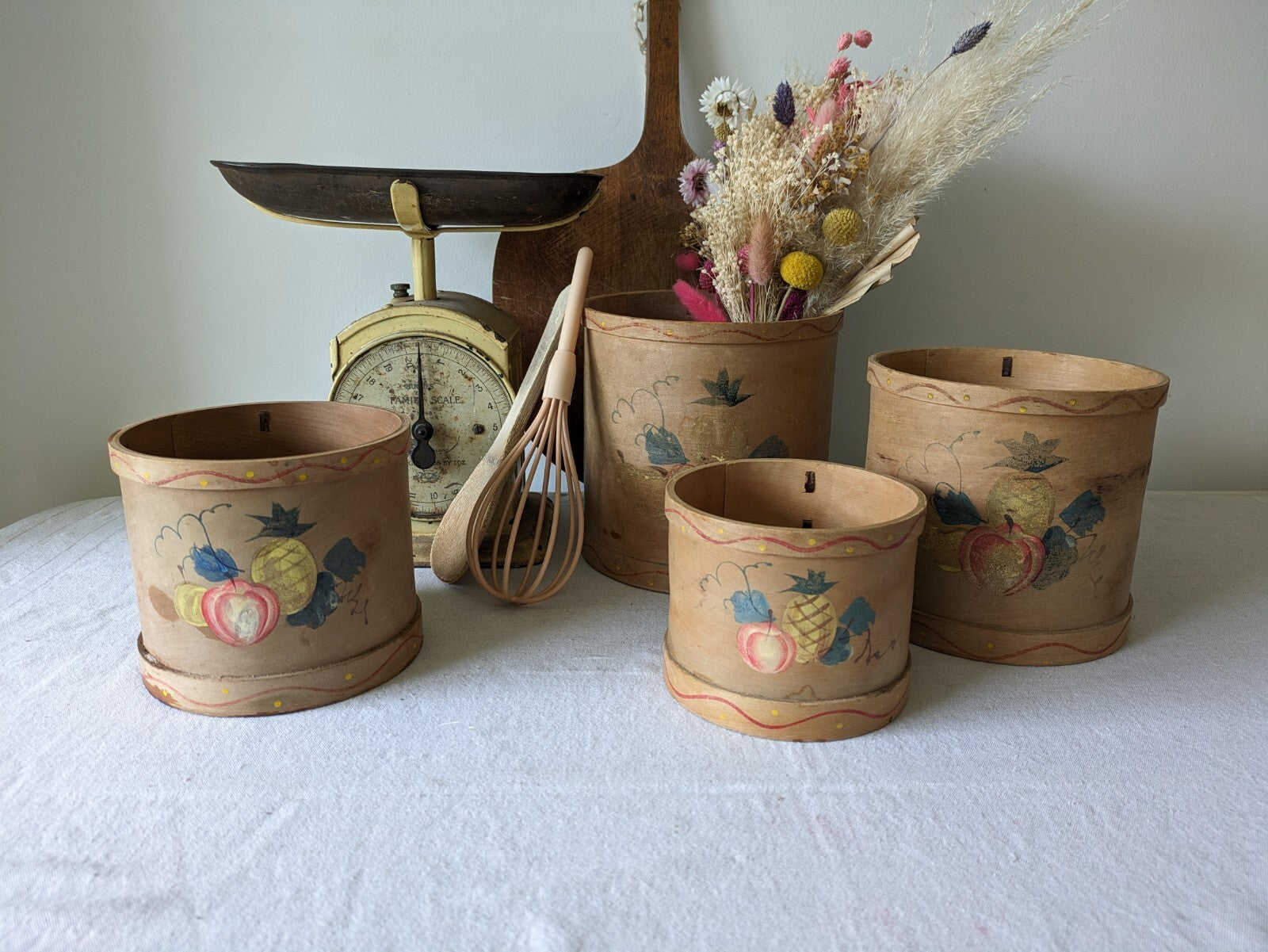 Vtg Canister Set Fruit Wood Rustic Farm House Utensil Decor Bentwood Rare Pots