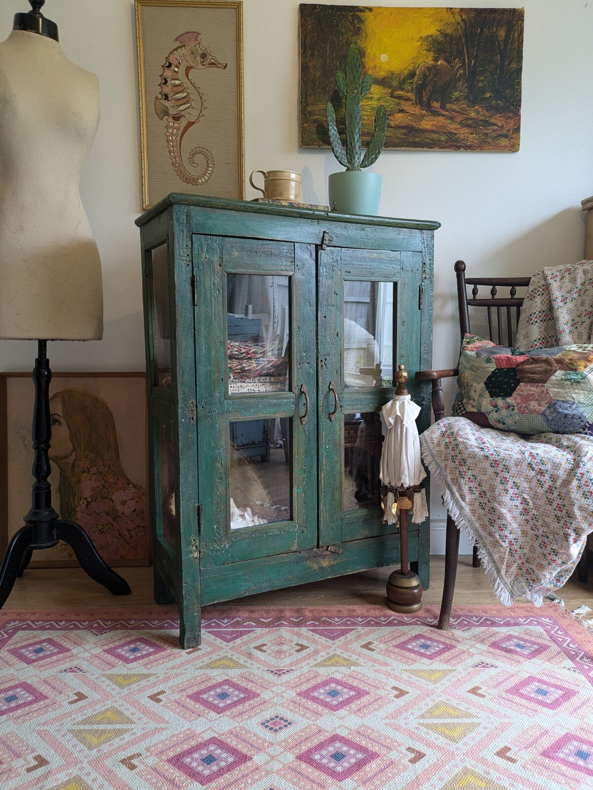 Restored Antique Vintage Indian Cabinet Cupboard Painted Glazed Reclaimed Green