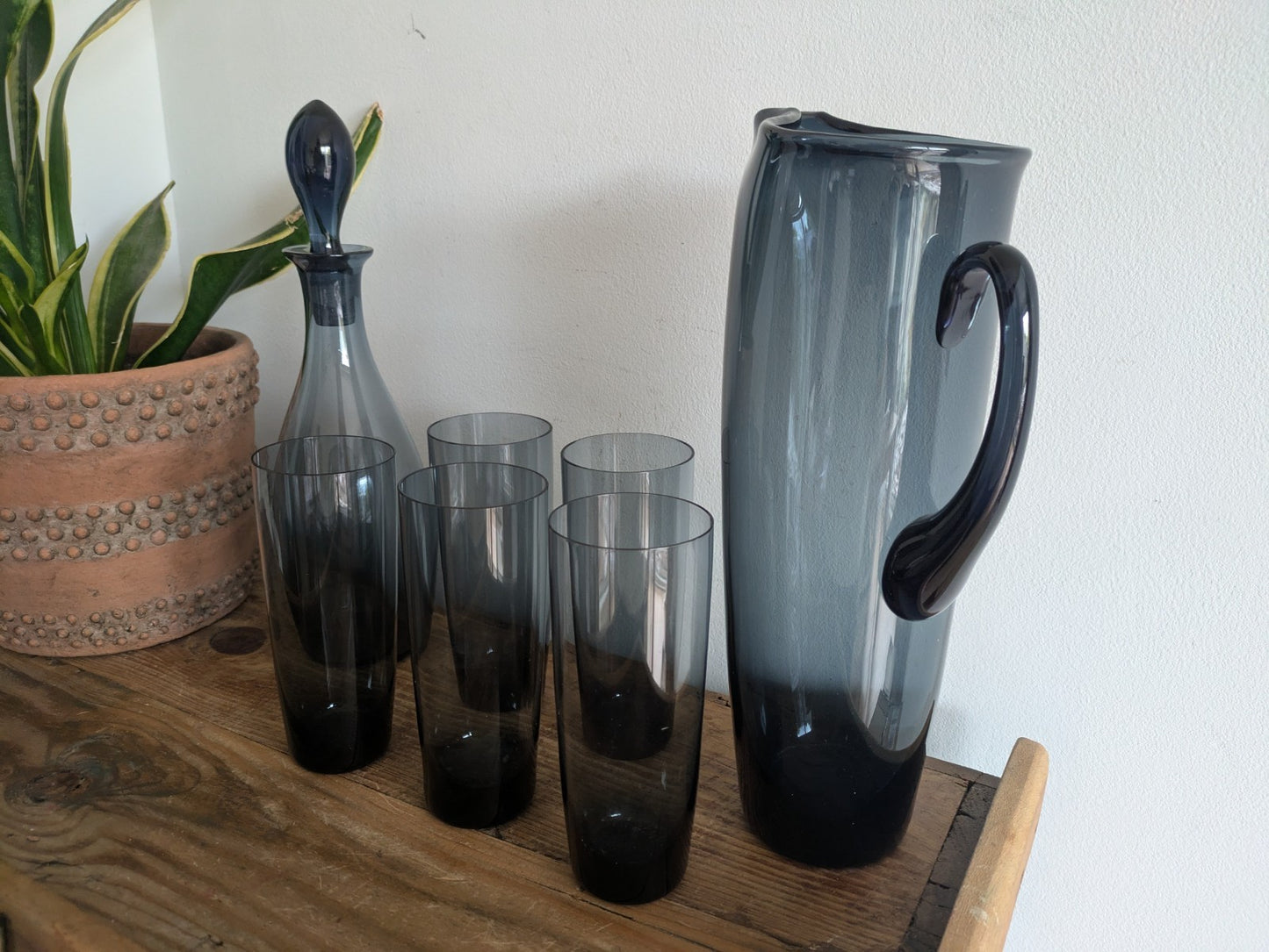 Vintage Italian Smokey Blue Decanter Pitcher Jug Glasses Hand Blown Set Mid Cent