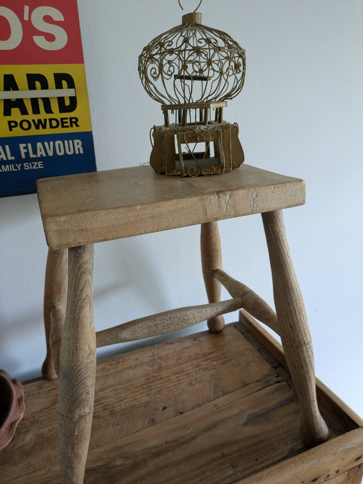 Antique Vtg 1880s Victorian Stool Beech Top Elm Leg Wooden Seat Utilitarian Vgc