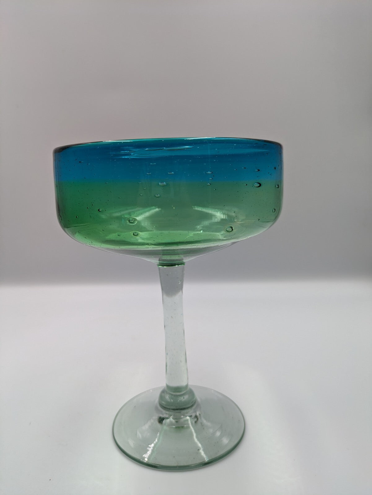 Vtg Hand Blown Aqua Blue and Green Margarita Glasses Two Toned Glass Bubbles Vgc