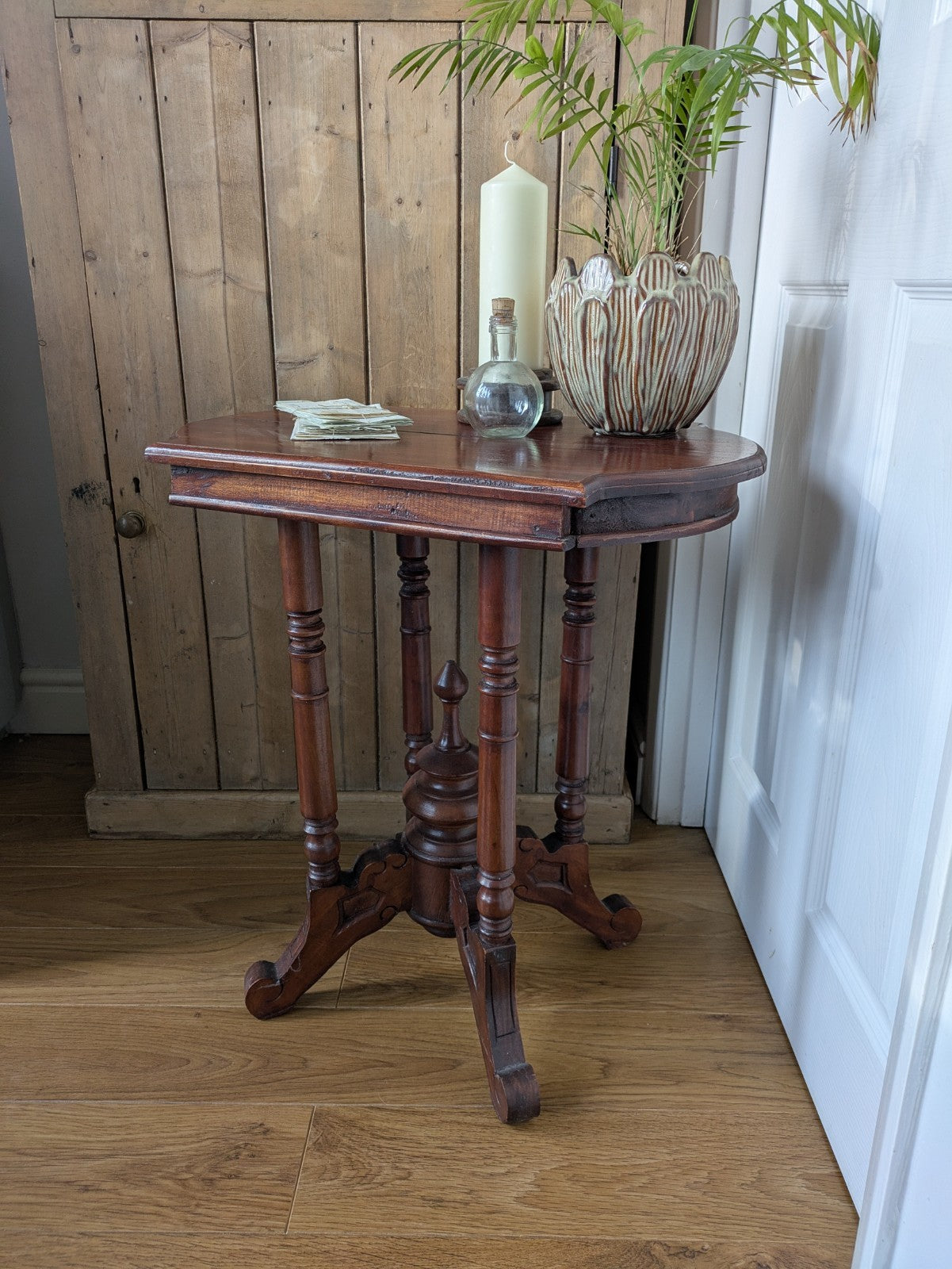 Antique Mahogany Side Table Hall Lamp Turned Legs & Finial Base Victorian C1890