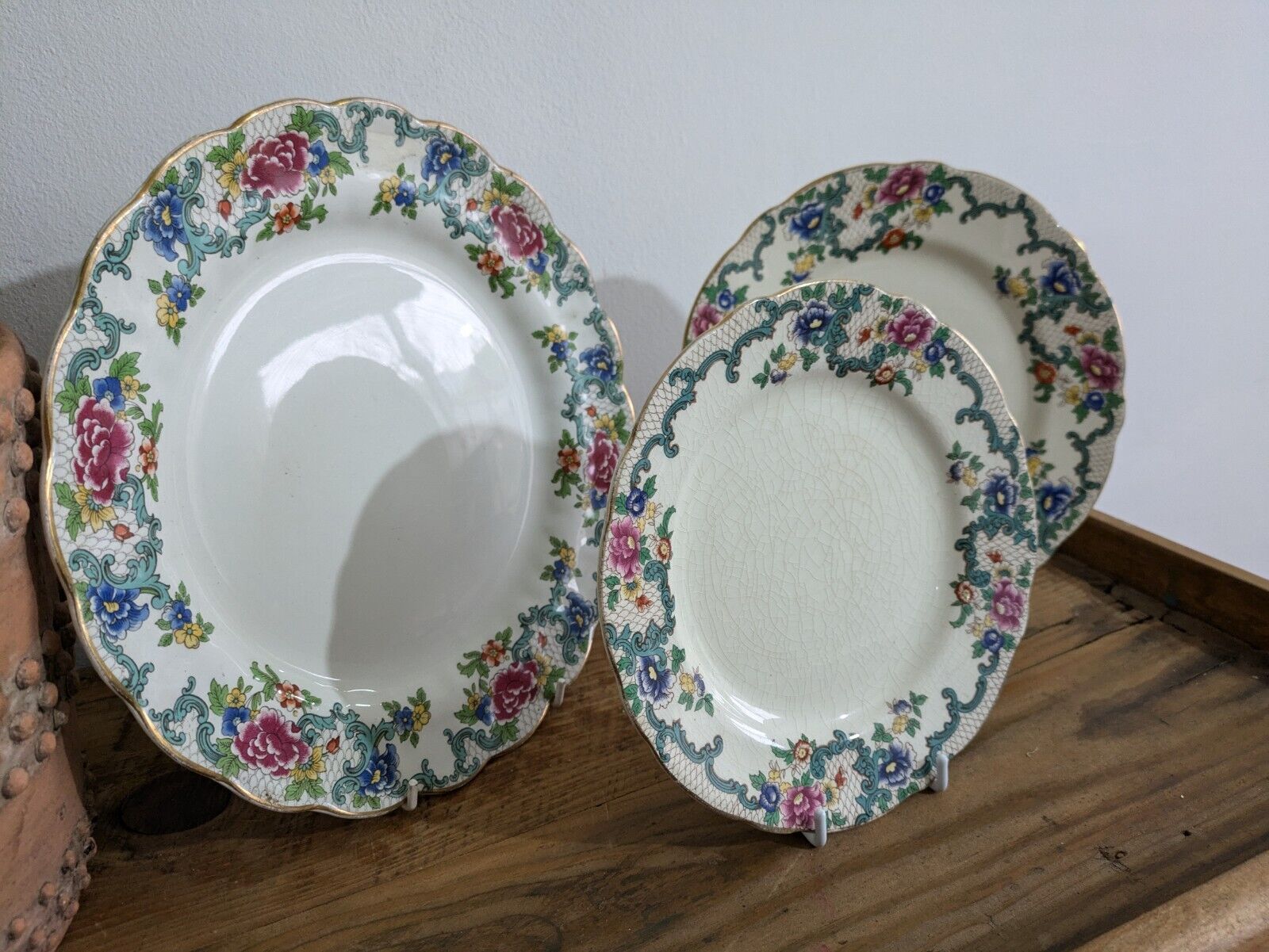 3x Antique English Royal Cauldon Pottery "Victoria" Plates Booths Floradora Mix
